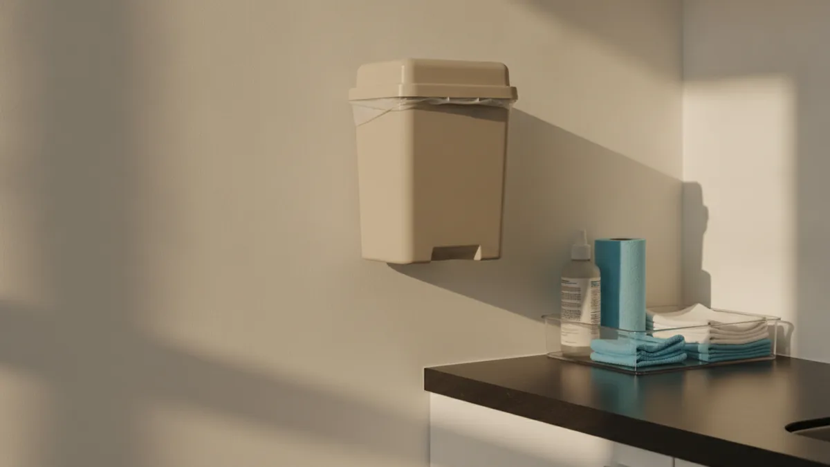 Sharps container and cleaning tools positioned for safe use
