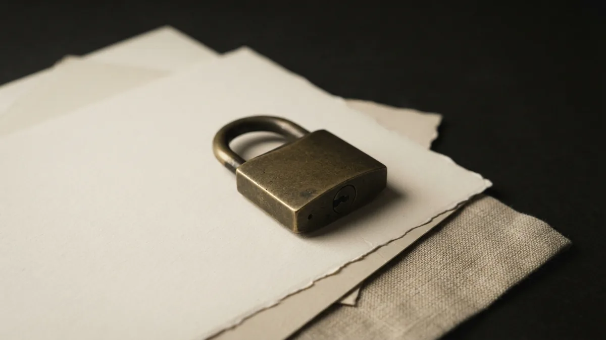 A guarded approach to financial crime risk Muted brass lock on blank paper and linen representing careful financial crime controls