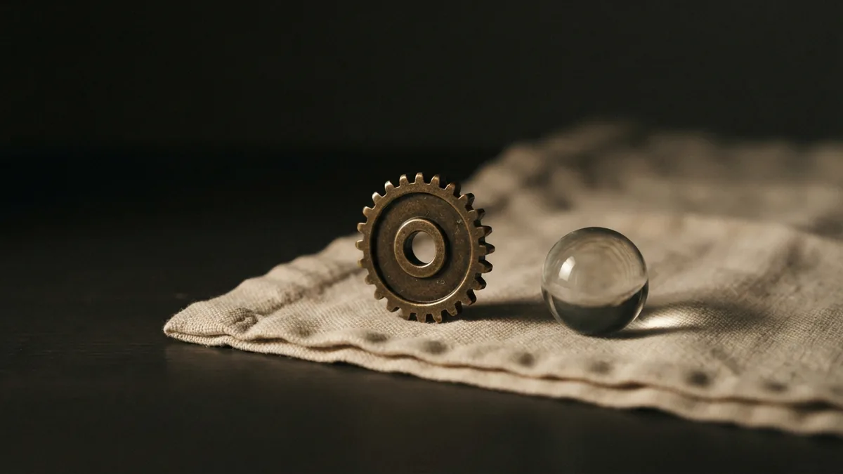 Antique brass gear beside glass and linen suggesting careful progress in compliance tools
