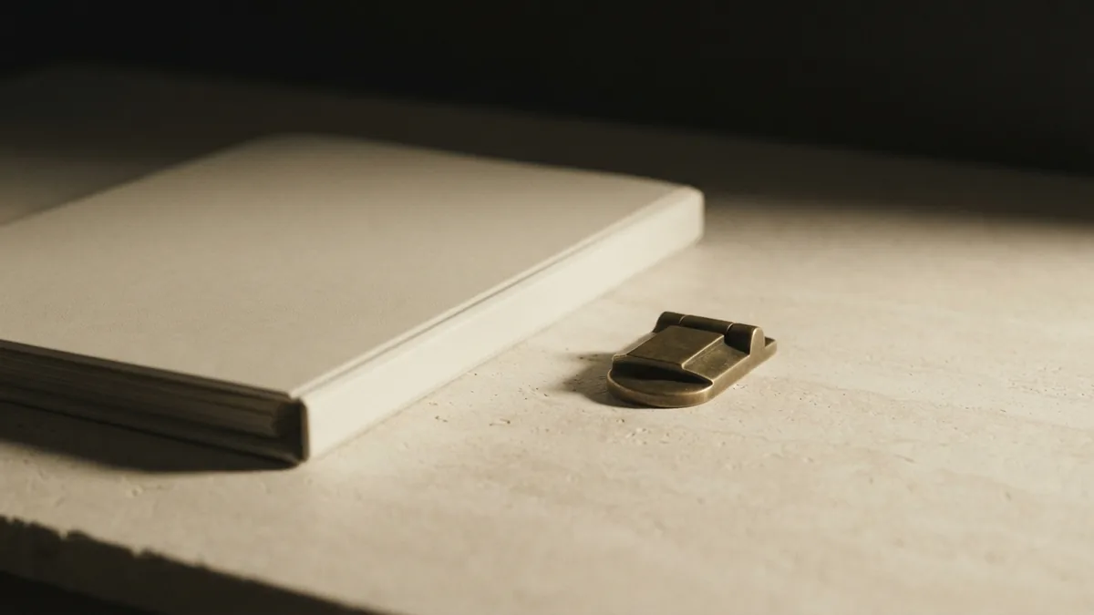 Building rules and safety checks Closed folder and brass hardware arranged on a cream stone surface