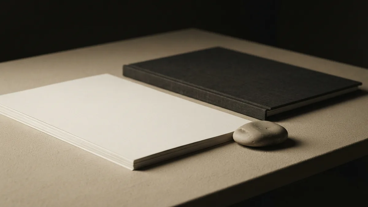 Blank papers, a linen folder, and a stone weight on a warm tabletop