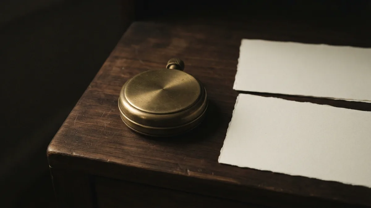 Unmarked brass timer beside blank cream cards on dark wood