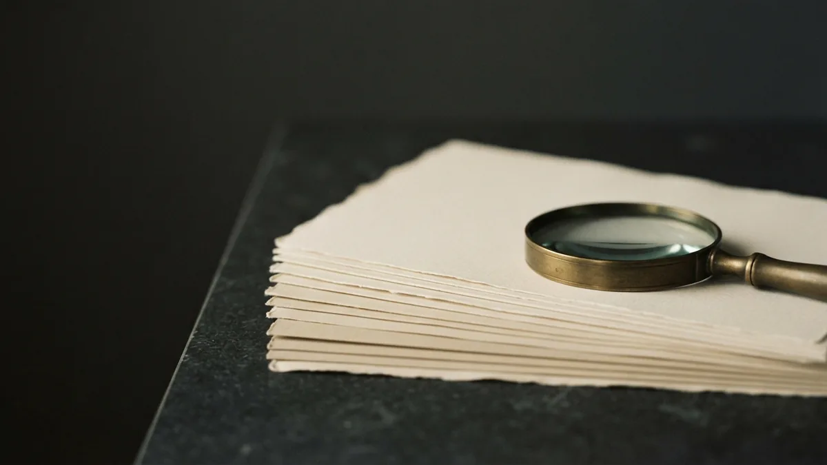 Blank papers and a brass magnifying glass suggest careful trademark name research