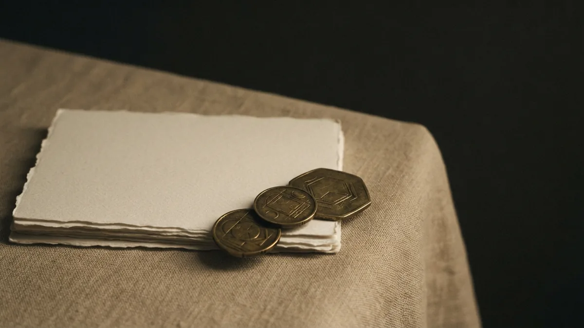 A still life about filing costs Blank papers and brass coins arranged to evoke the cost of a trademark filing