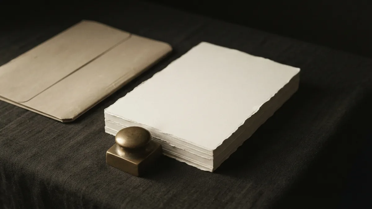 Organised materials for business planning Blank papers and brass paperweight arranged beside a closed folder for business planning