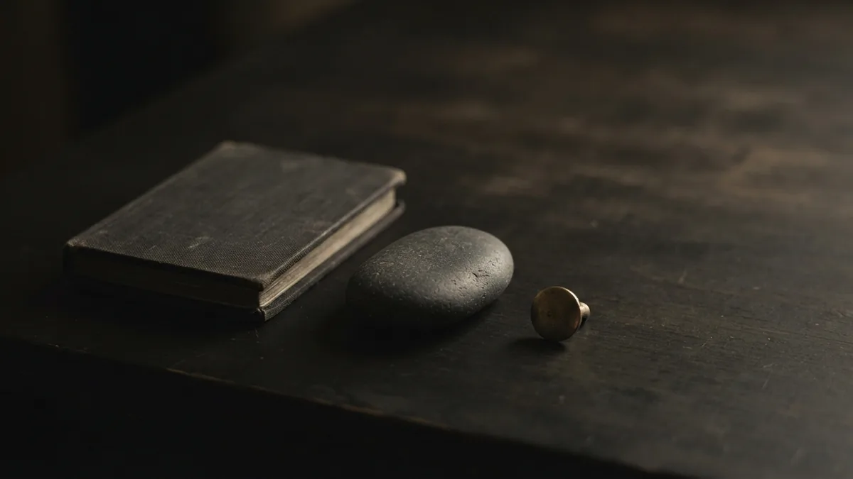Closed charcoal case and brass fastener on wood suggesting careful records and boundaries