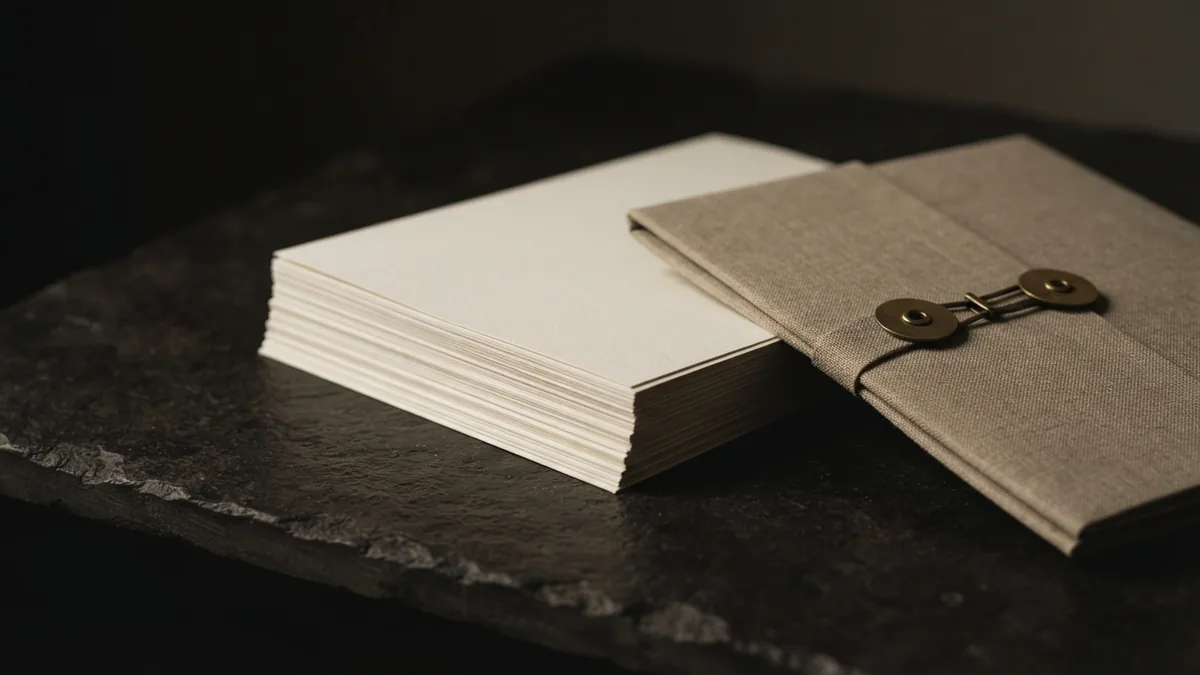 Blank formation papers, linen folder, and brass fastener on a warm stone surface