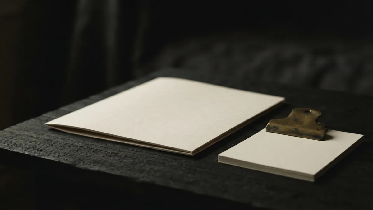 Closed folder and blank sheets on a dark tabletop, styled as company records