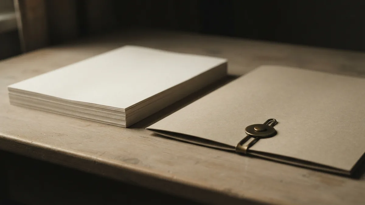 Orderly papers for a formal business filing Blank filing papers beside a closed beige folder and brass fastener