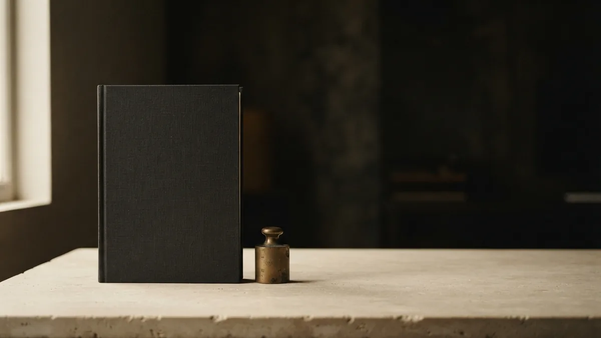 Closed charcoal folder and brass weight showing the balance of business duties