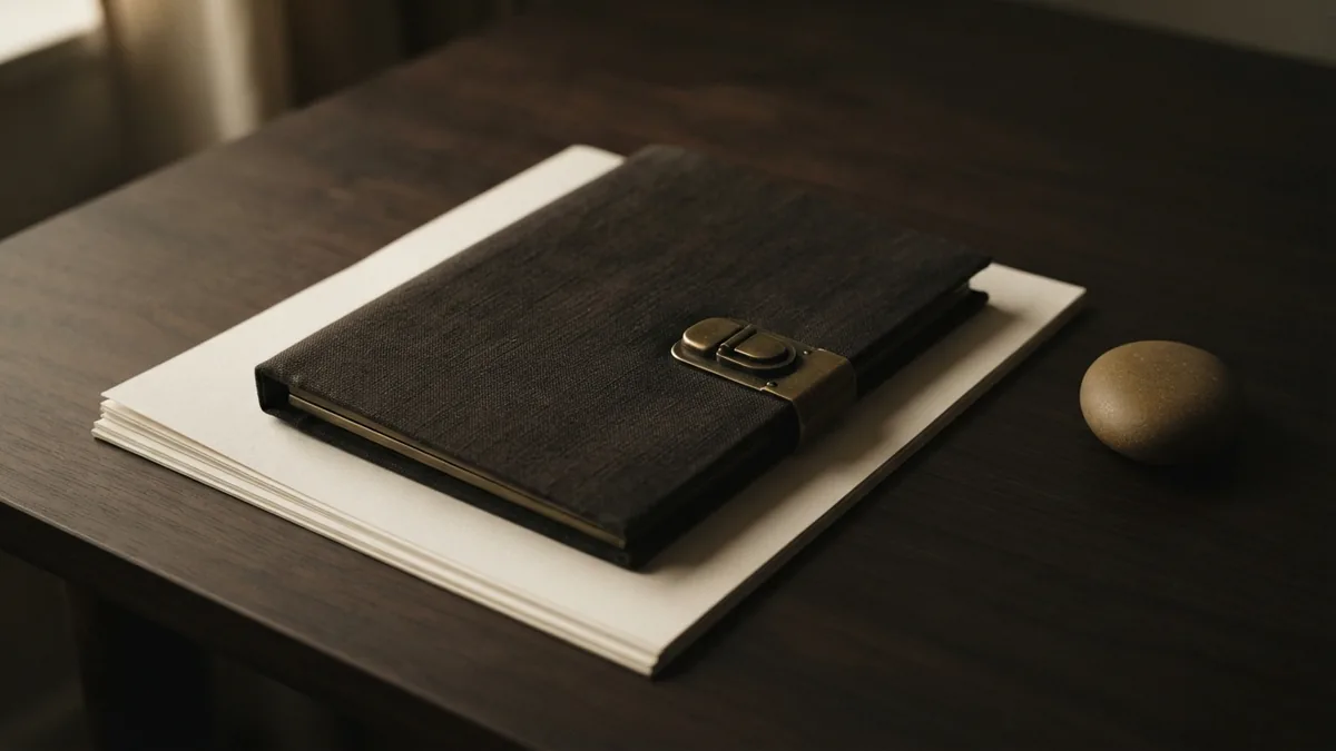 Careful update of a company filing Blank sheet beneath a clasped folder with brass hardware on wood