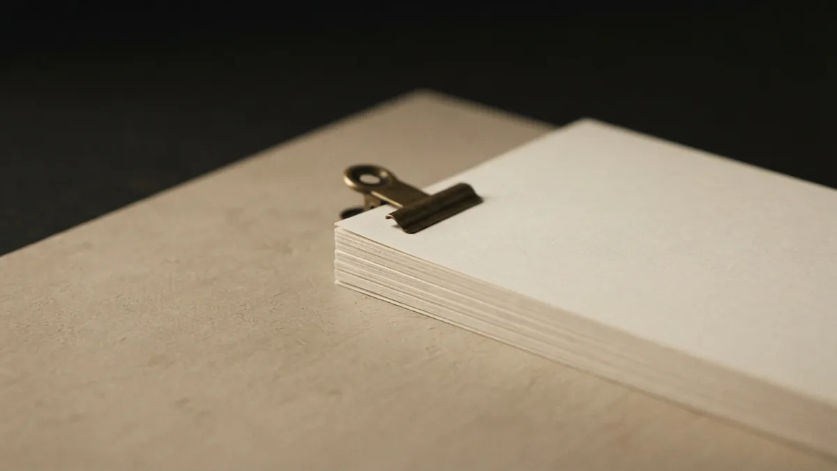 Blank papers and a brass clip evoke the records reviewed by compliance officers.