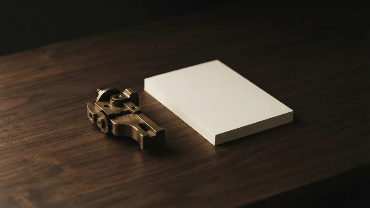 A brass mechanism and blank paper suggest the steps behind a compliance career.