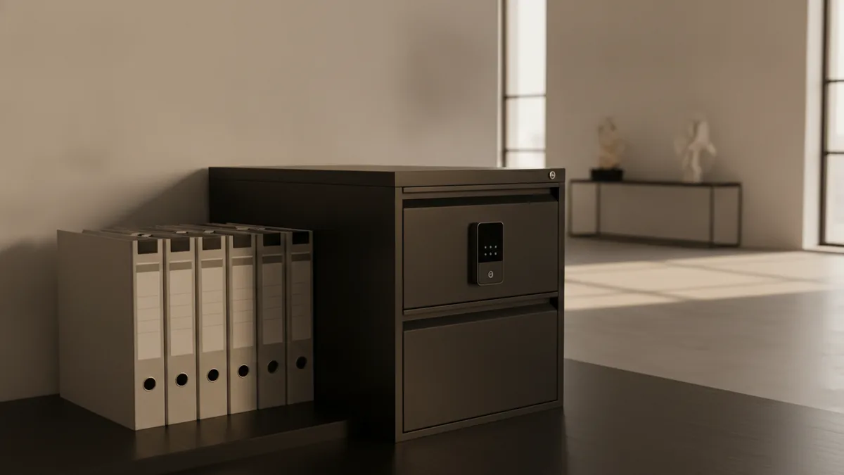 Secure files after a confidentiality breach Secure business files arranged beside a locked filing drawer in an office