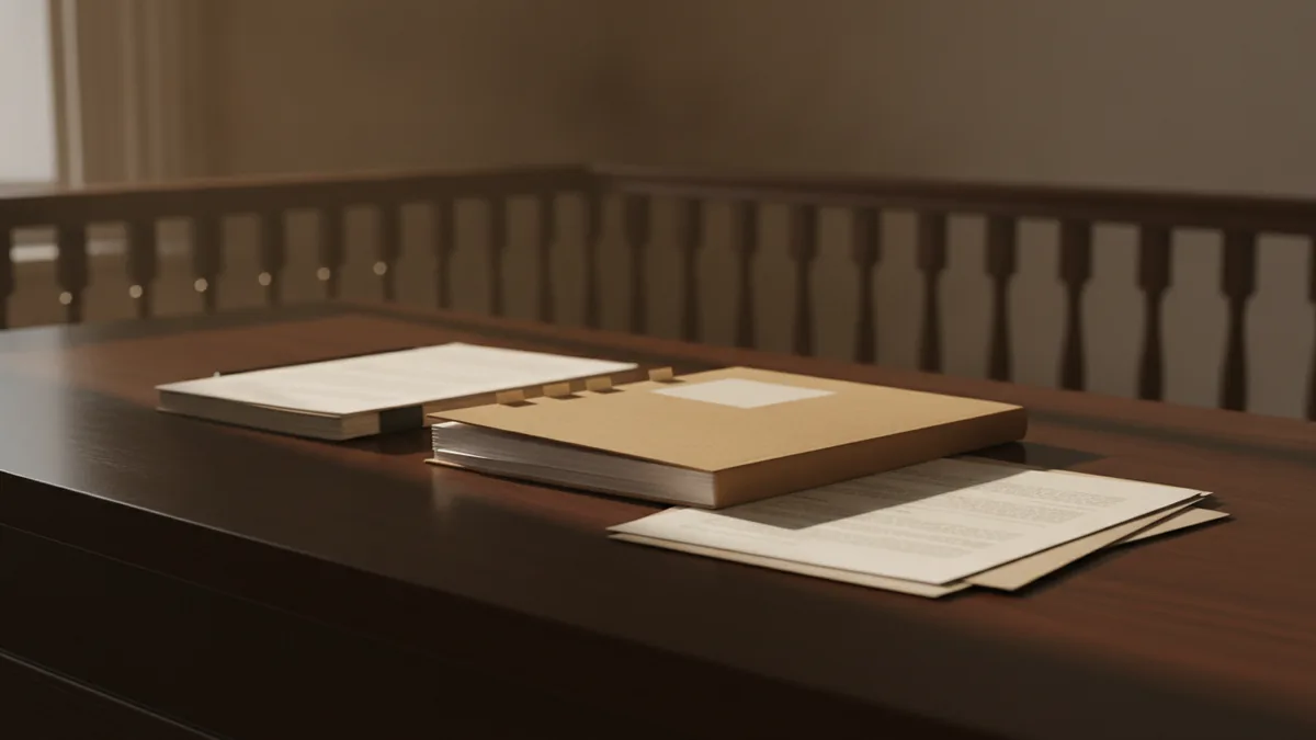 Court papers and an evidence folder arranged on a dark courtroom desk