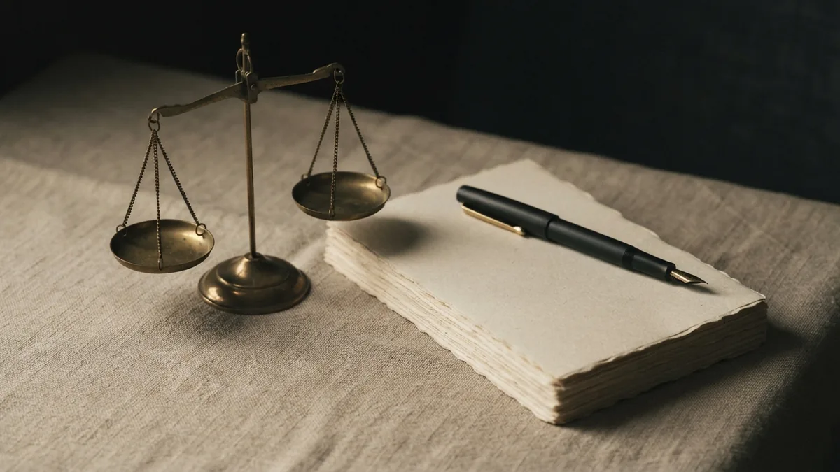 Tools for sound investment judgment Brass scale, blank paper, and fountain pen suggesting careful investment judgment