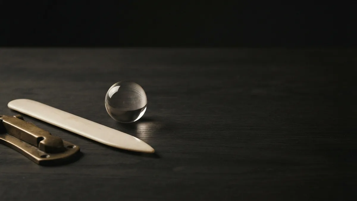 Glass sphere and closed folder representing startup deal assessment