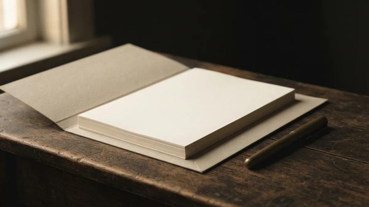 Unmarked compliance papers and brass pen arranged on an aged wood desk