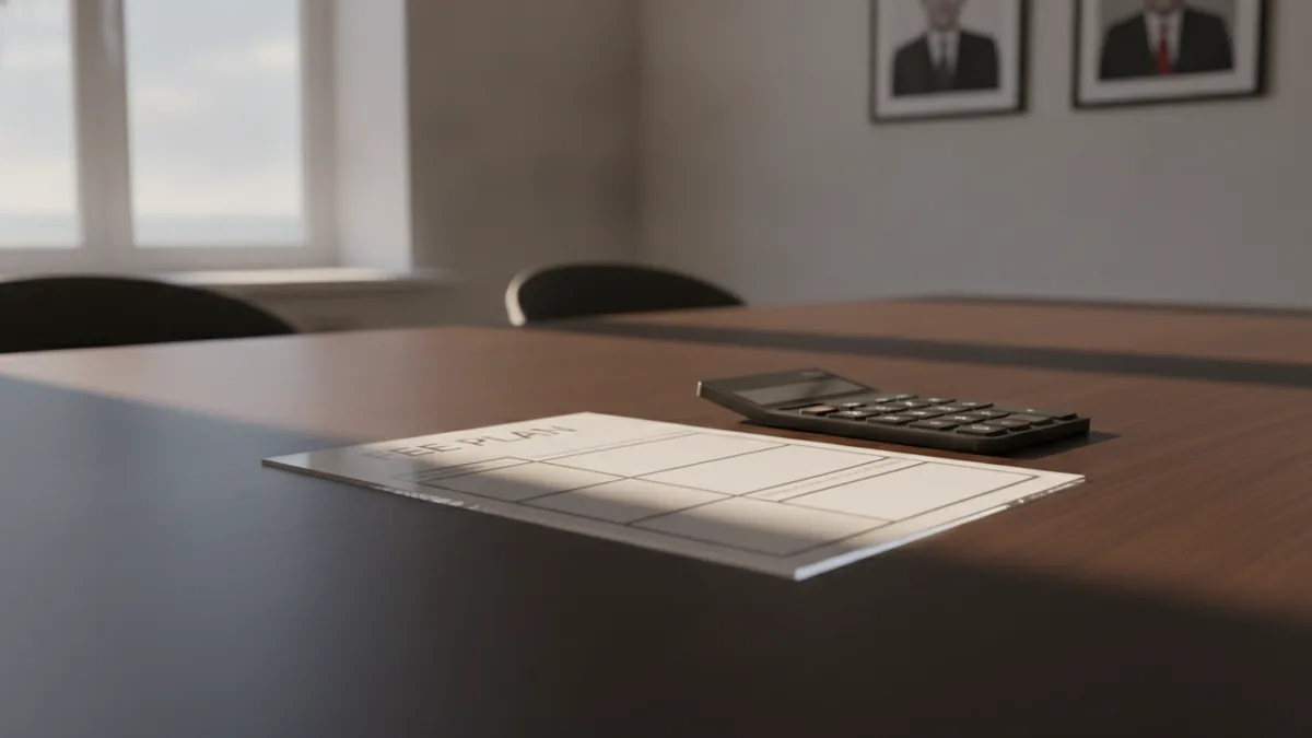Client and attorney reviewing a clear legal fee plan across an office table