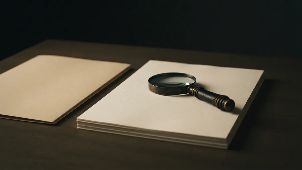 Blank papers and brass magnifying glass beside a closed property folder