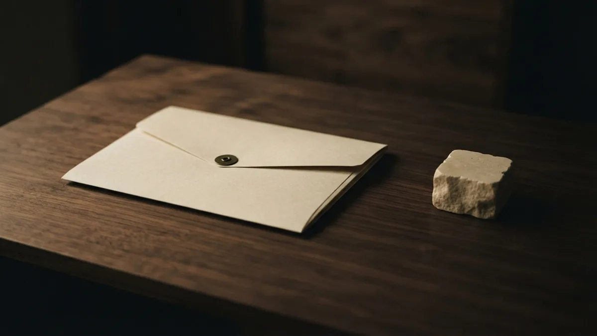 A pause before ending a property deal Sealed folder set apart from brass hardware and stone on dark wood