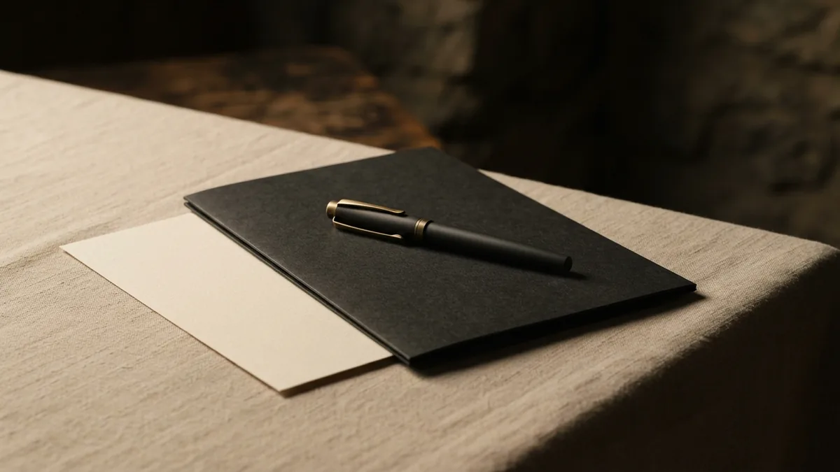 Blank paper, closed folder, and fountain pen for a debt dispute record
