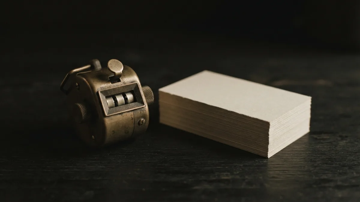 Brass counter beside blank cards representing repeated collection calls