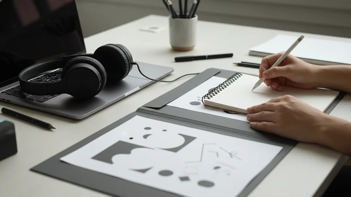 A teen working privately on creative project materials at a desk.