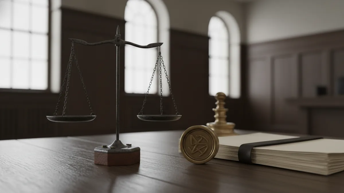 A justice scale and documents arranged for a legal enforceability decision.