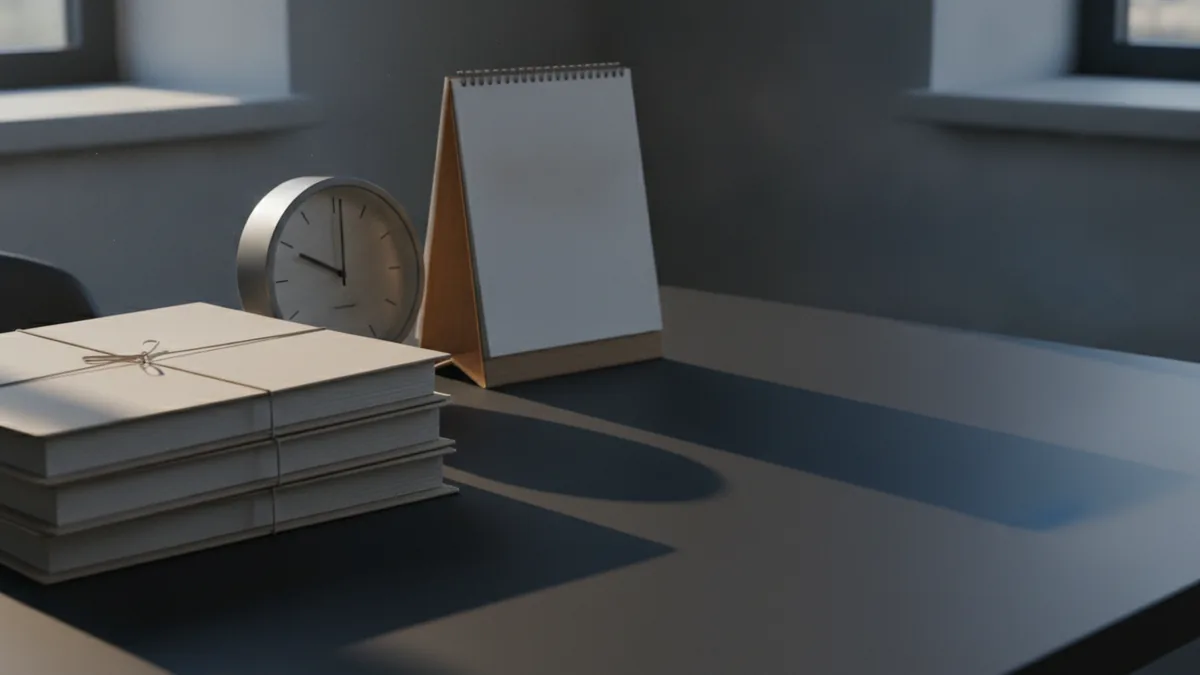 Reviewing concerns with legal service Closed case folders beside a calendar and desk clock during a legal review