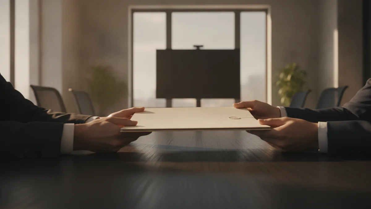 What NDAs require Hands exchanging a sealed folder in a workplace setting