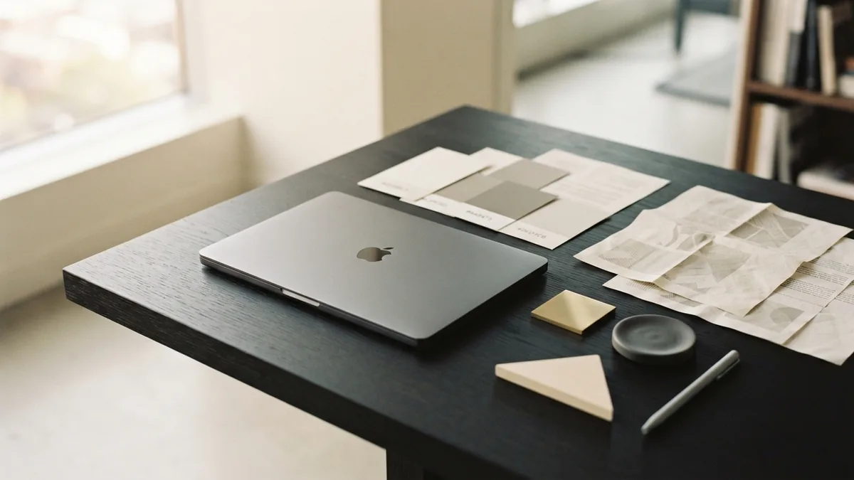 Abstract design assets arranged beside a laptop and printed licence notes
