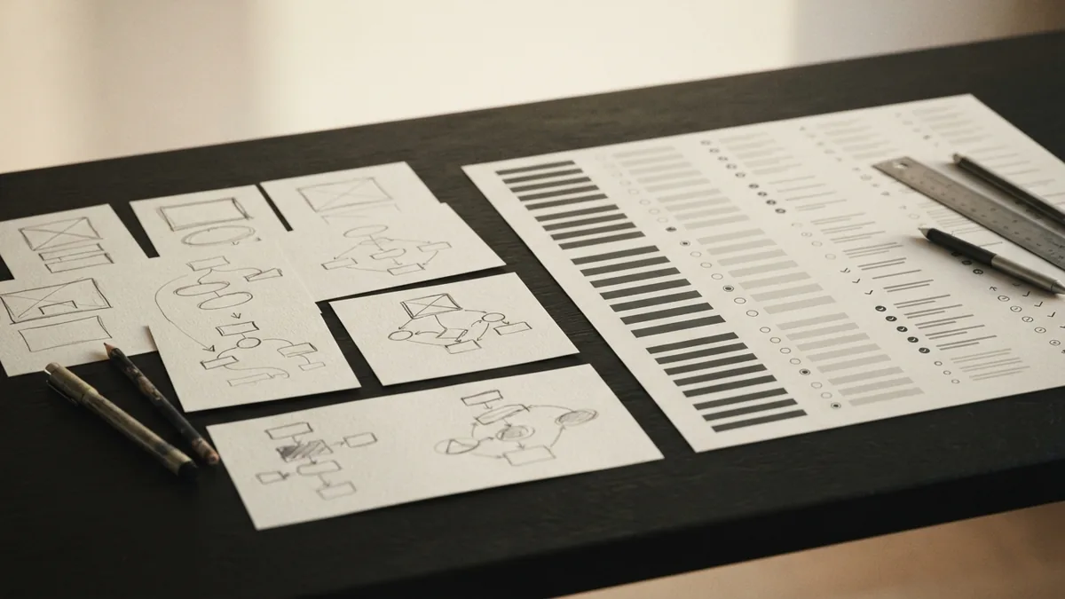 Custom brand sketches compared with generic design elements on a work table