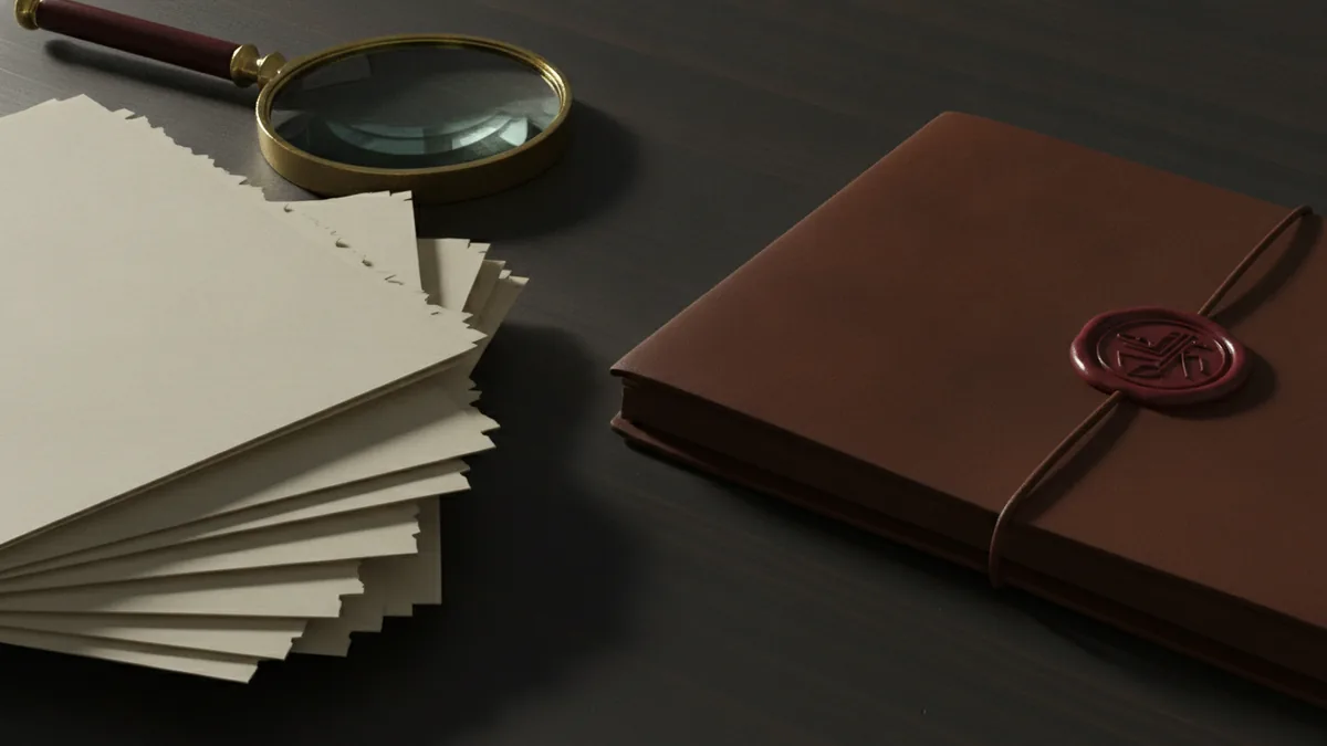 Research desk with trademark files and a magnifying glass for rights checks