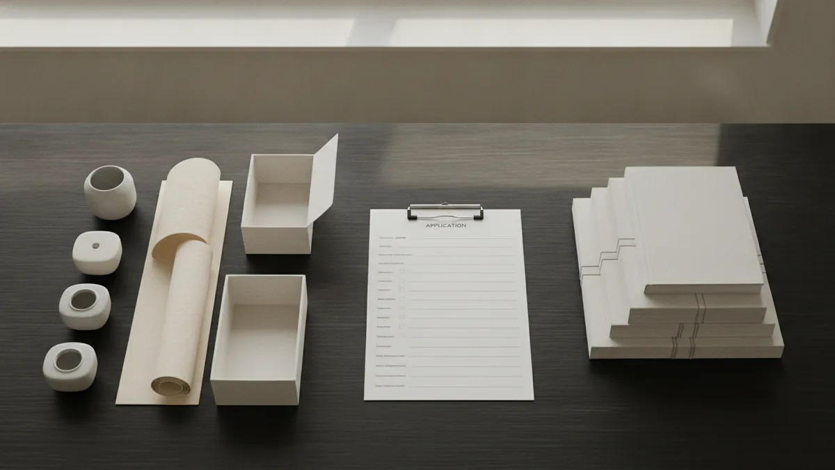 Trademark application papers and business materials ready for a new filing
