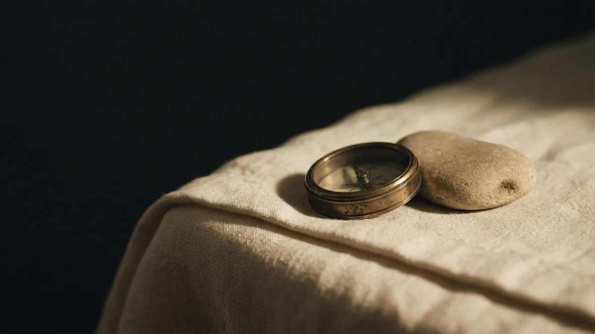 Brass compass and sand-colored stone on linen, reflecting travel planning and rewards