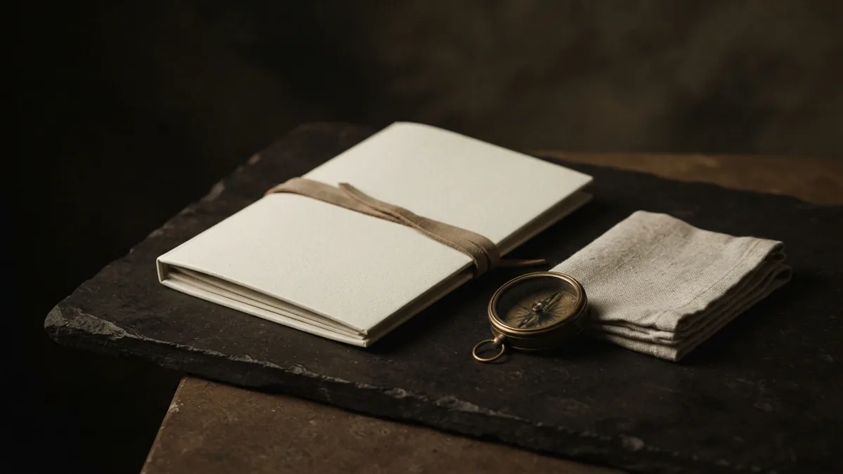 Closed travel folder with brass compass and linen for planning flights, hotels, and cars