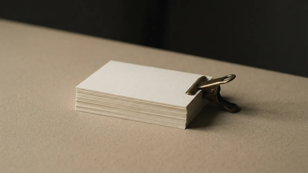 Blank paper slips and brass clip arranged on a warm beige tabletop