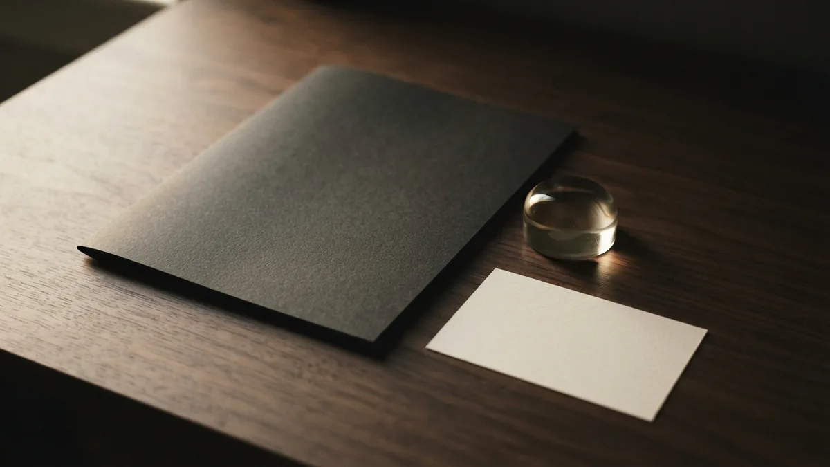 Closed dark folder with a glass paperweight and blank cream card