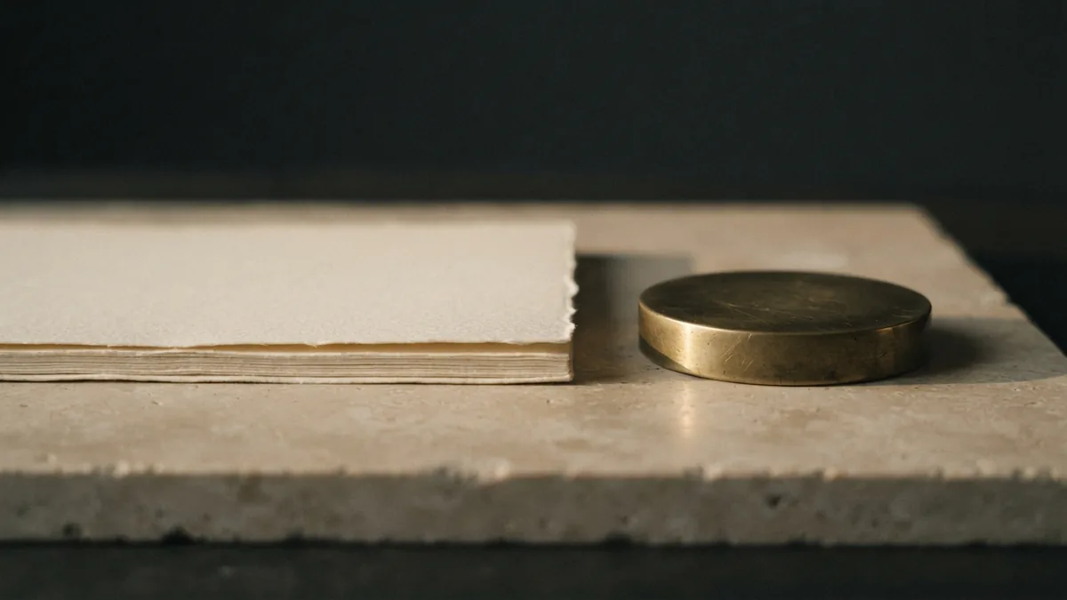 Blank sheets and brass on pale stone Blank cream sheets and a brass disc on pale stone