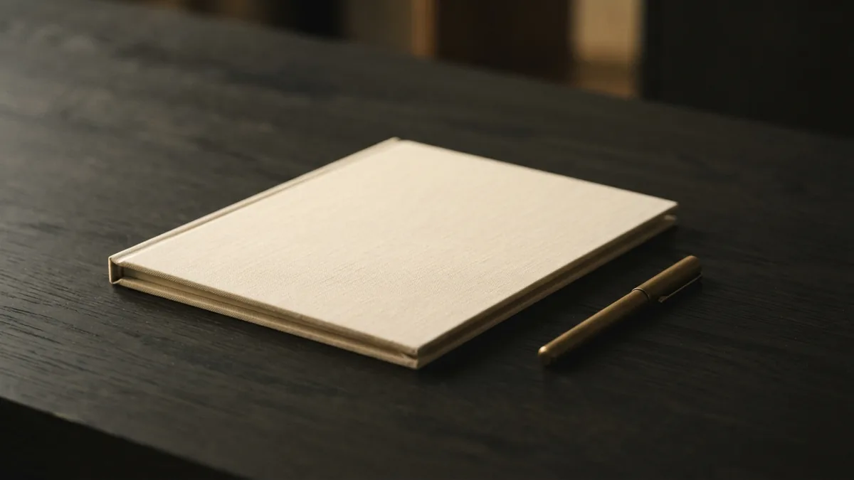 Linen folder and brass pen in warm light Closed linen folder and capped brass pen on a dark wood table