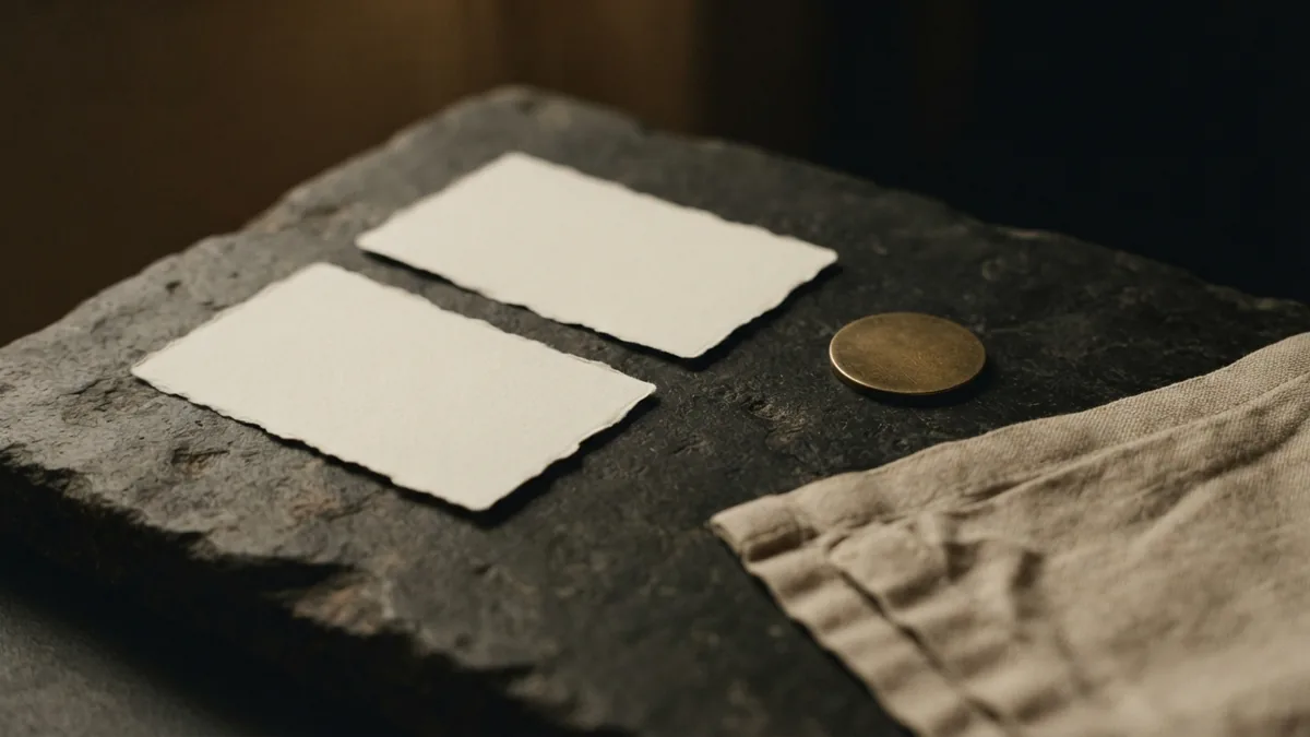 Minimal still life for reward rules Blank cream cards and brass token arranged on pale stone