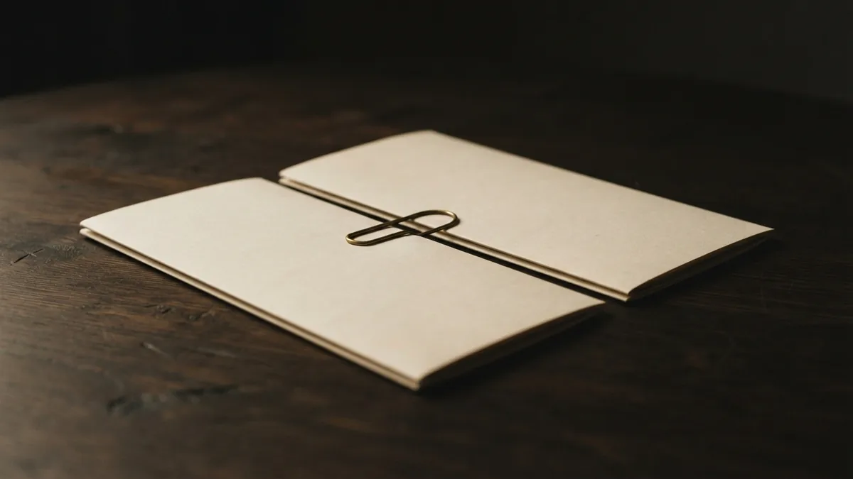 Two blank folders linked by a brass clip on warm wood