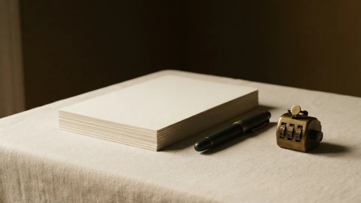 Blank paper, closed fountain pen, and brass counter in warm light