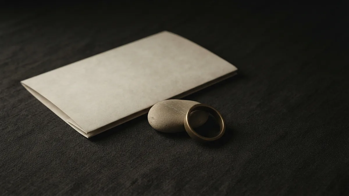 Closed blank folder, smooth stone, and brass ring on linen