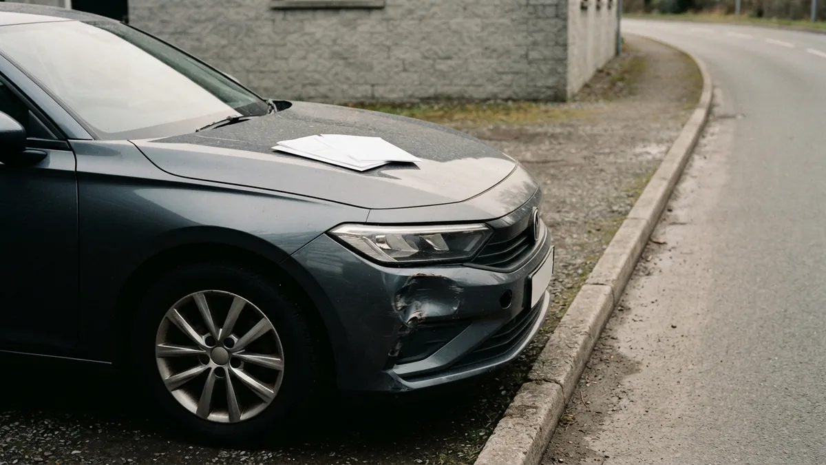Damaged rental car near a roadside curb with documents on the hood