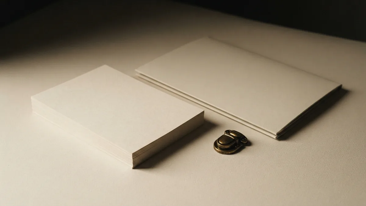 Blank folders and brass hardware represent card features and account terms