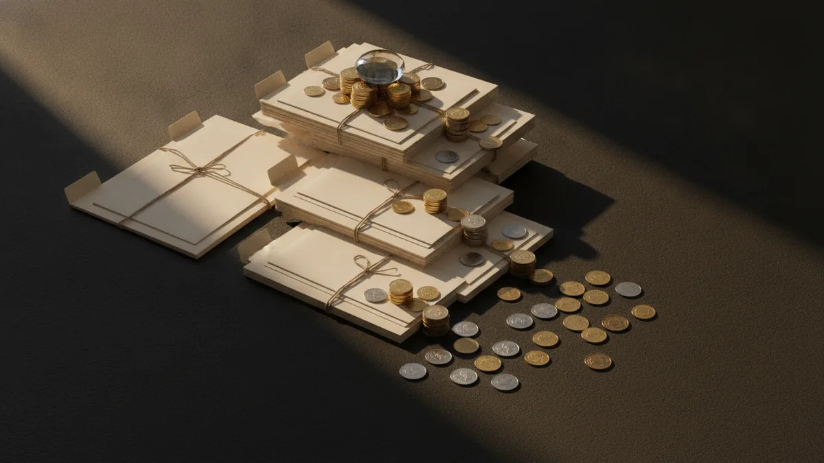 Layered venture fund cash flows shown with coins and folders on a wood table