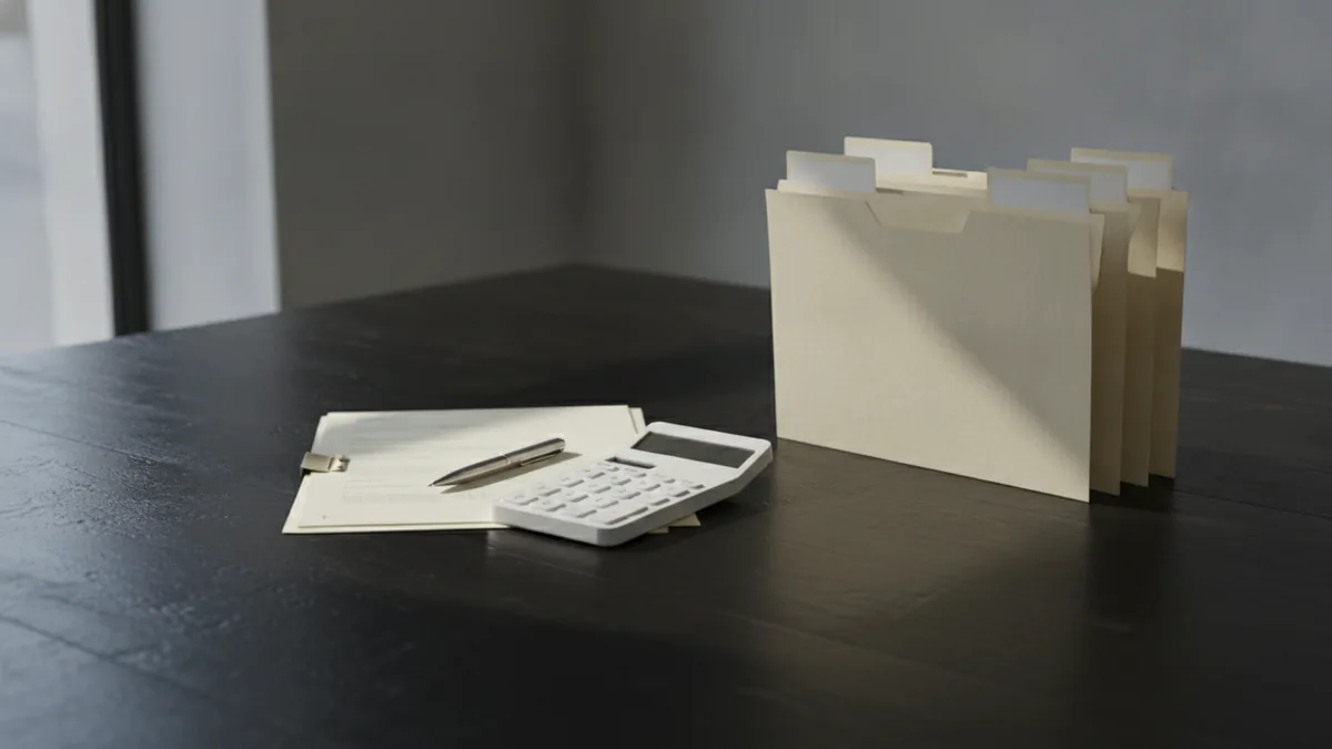 Financial planning desk with charts, calculator, and cash flow notes for fund tax review