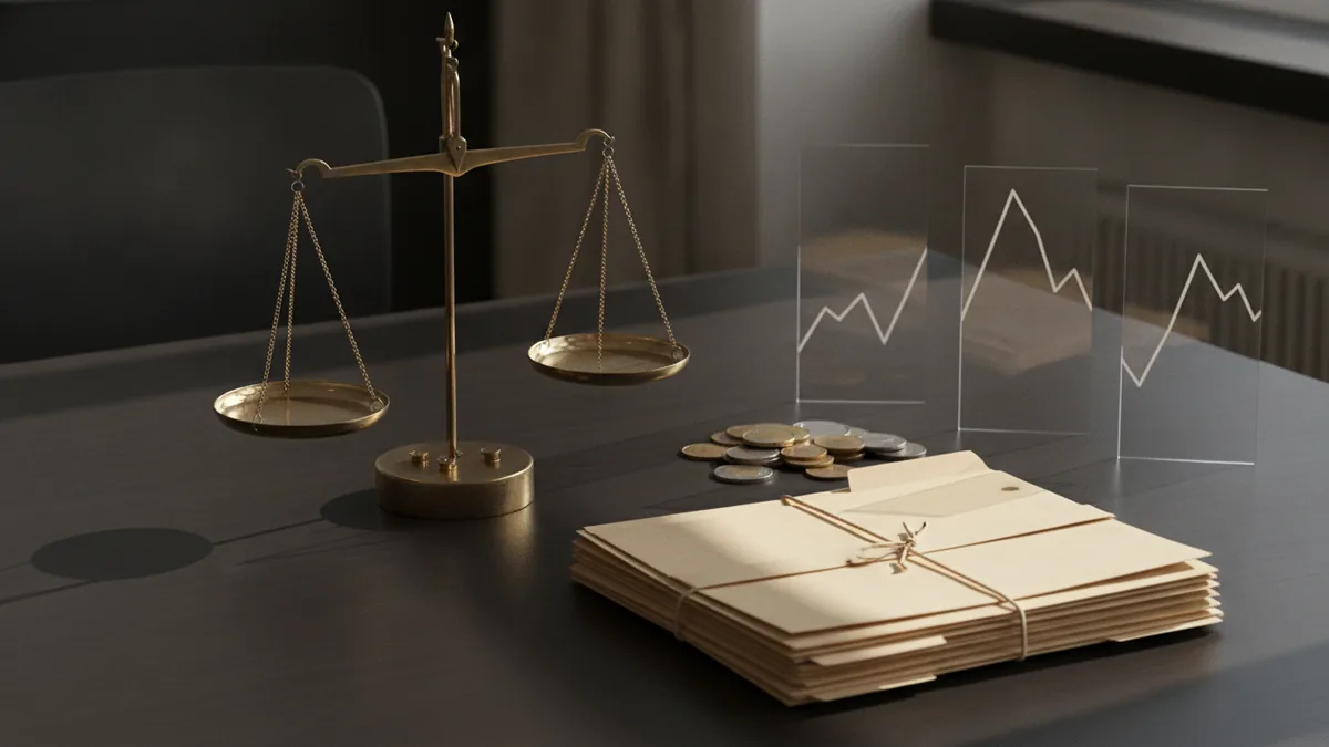 Balanced scales beside venture fund papers and coins showing a debate over profits